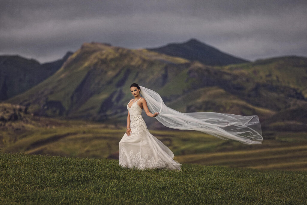 International Wedding Photographer - Iceland.  Highlighting this brides elegance and grace with smoldering eyes.